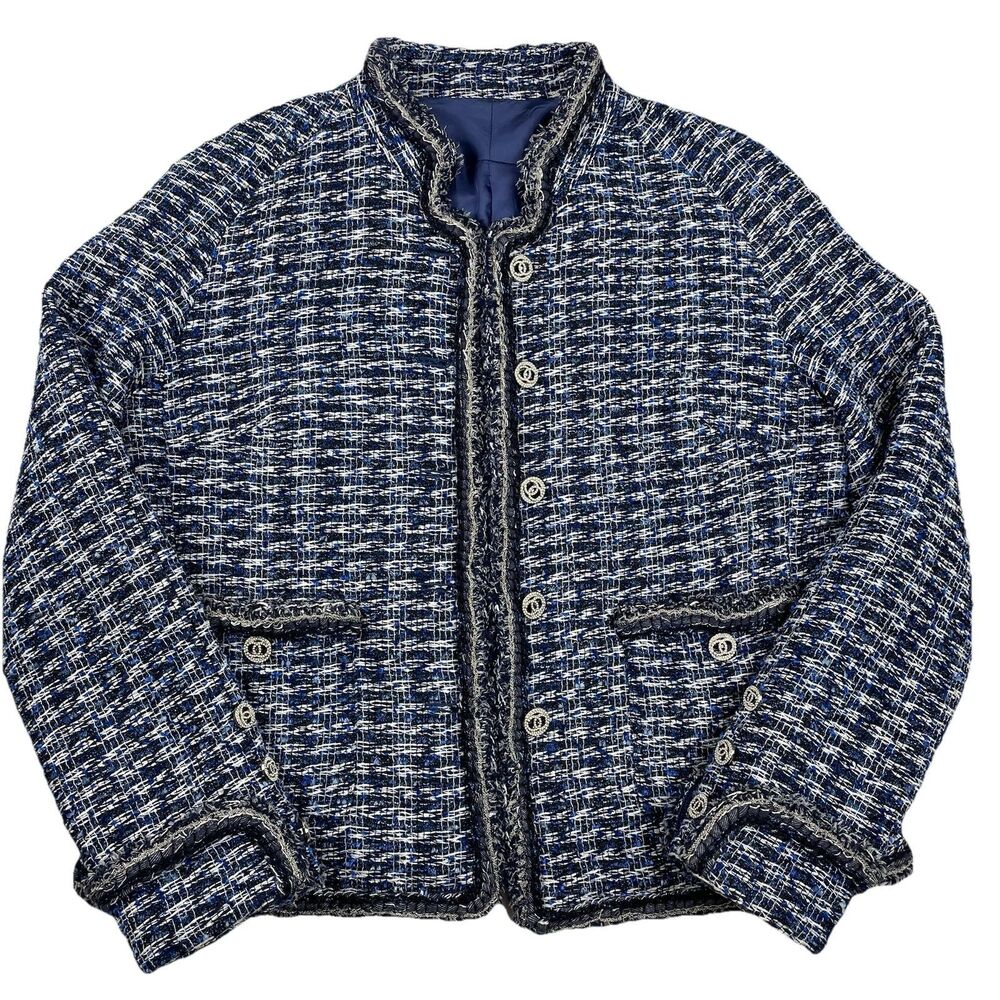 OMC Metallic Smock Tweed Jacket Braid Trim Fringe Blue Silver-L
